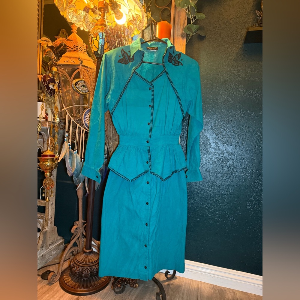 Vintage 80s Diamond L Western Wear Teal Dress – Lace Accents (5/6)